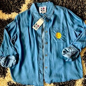 Kerry Rosenthal denim shirt with smiley sun on pocket